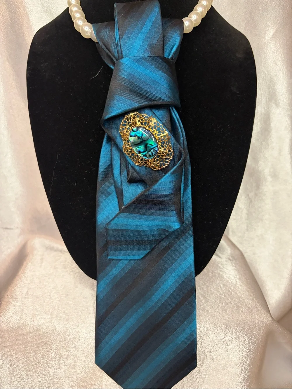 John Ashford Teal and Black Striped Silk Neck Scarf